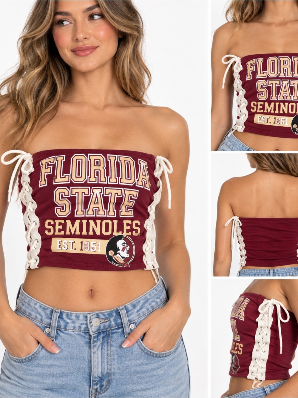 Florida State Seminoles Maroon Lace-Up Strapless Crop Top